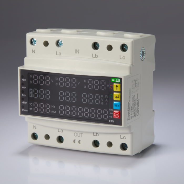 DVP-126  Three-phase electric meter with voltage and current protection up to 100A, frequency, and p